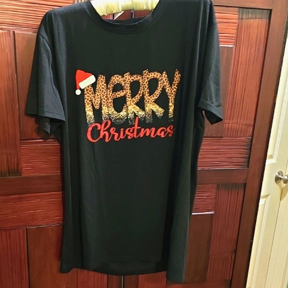 Black Merry Christmas T-Shirt with Gold and Red Accents